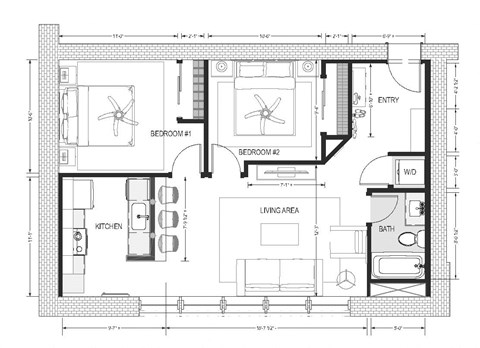 Floor plan for 2 beds, 1 bath, 869 sqft